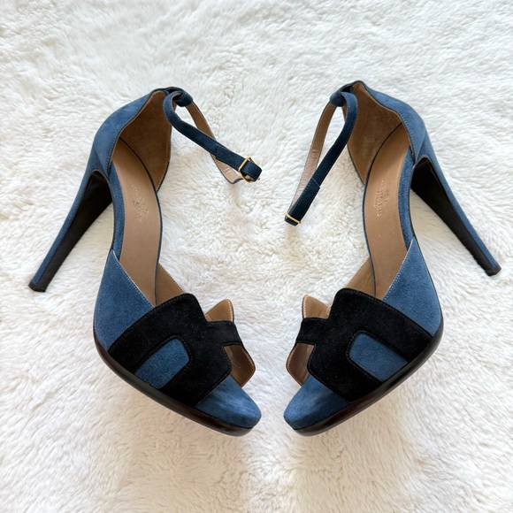 Hermes Shoes - NWT!!! Hermes high heels sandals blue suede/black size 39 Authentic Retail 1600$